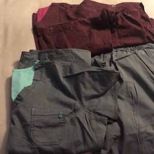 2 sets of grey and maroon scrubs